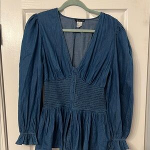 VENUS Blue Smocked Peplum Blouse